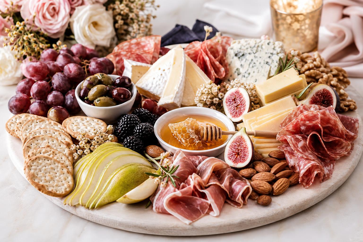 Elegant charcuterie board with fruit cheese crackers and savory bites