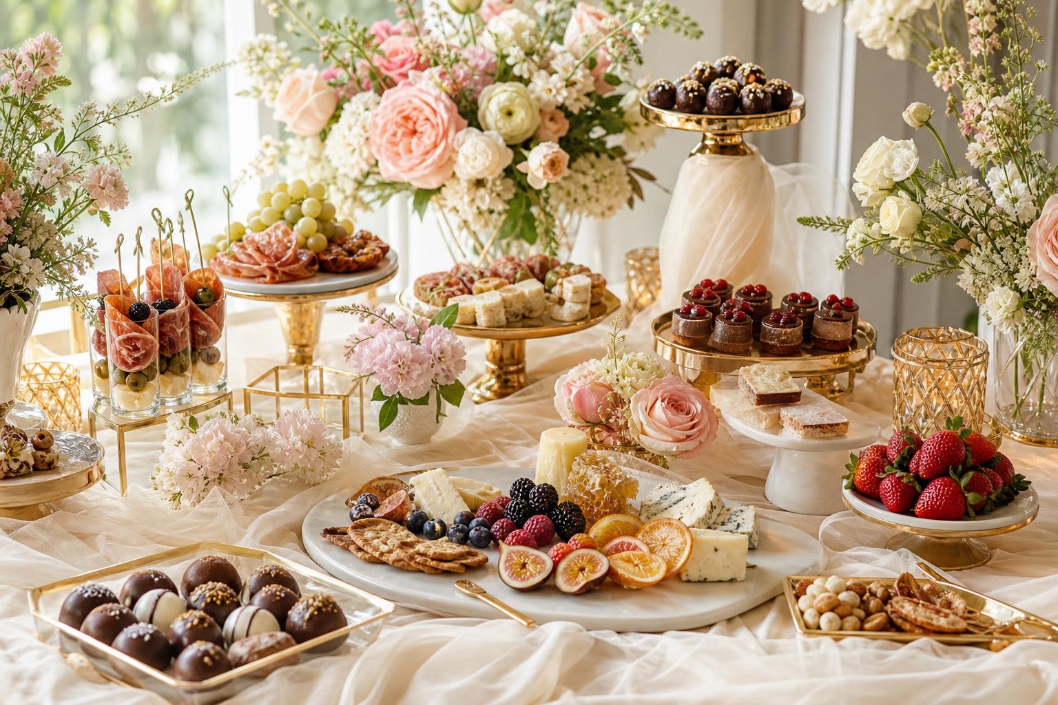Editorial sweet and savory grazing table with ivory blush and gold styling