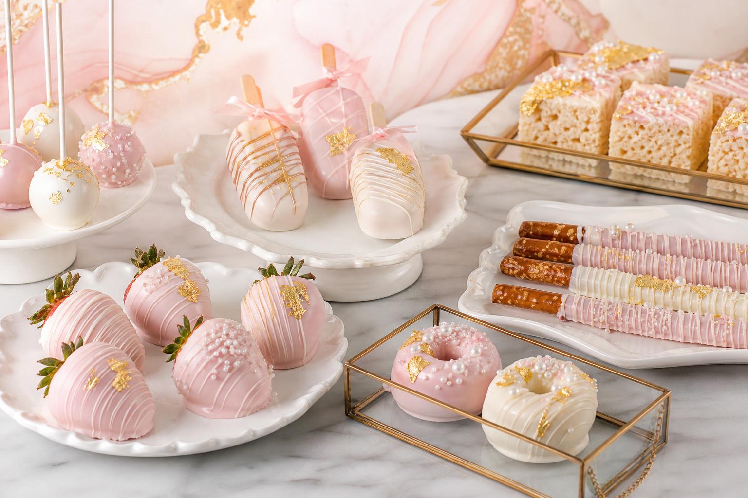 Luxury custom chocolate-covered dessert assortment on marble with blush and gold styling