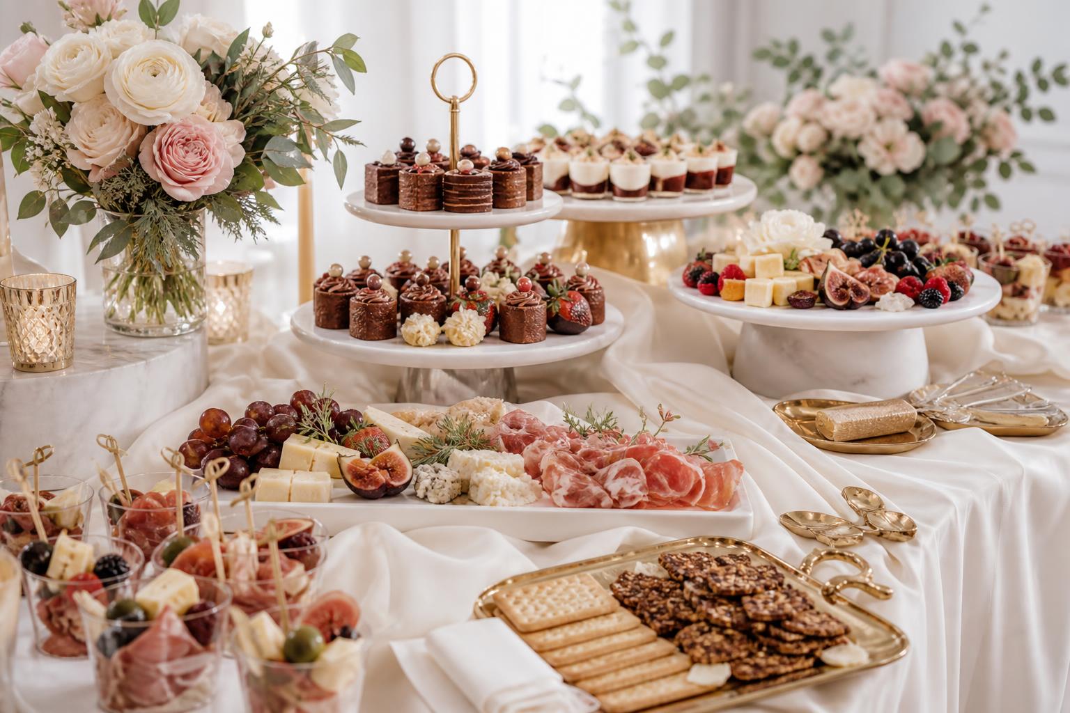 Elegant charcuterie cups with ivory blush and champagne styling
